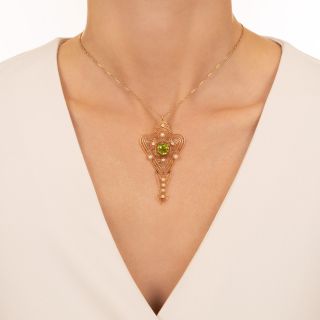 Antique Filigree Peridot, Pearl and Diamond Lavaliere, Circa 1900