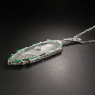 Antique Filigree Rock Crystal Quartz Diamond and Enamel Pendant