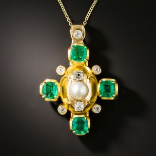 Antique Fine Emerald and Natural Pearl Necklace/Brooch - GIA Insignificant Treatment - 1