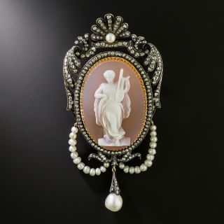 Antique French 18K Hard Stone Cameo, Diamond, and Natural Pearl Brooch - 3