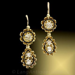 Antique French Diamond and Enamel Earrings 
