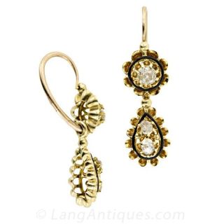 Antique French Black Enamel and Diamond Drop Earrings