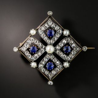 Antique French Diamond, Sapphire and Pearl Brooch - 2