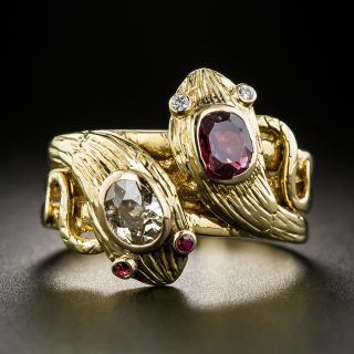 Antique French Double Snake Ruby and Diamond Ring - 2