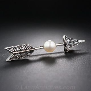 Antique French Rose-Cut Diamond and Pearl Arrow Pin