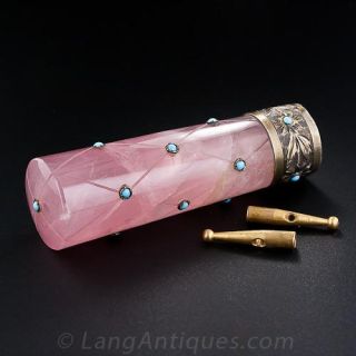 Antique French Rose Quartz and Turquoise Parasol Set