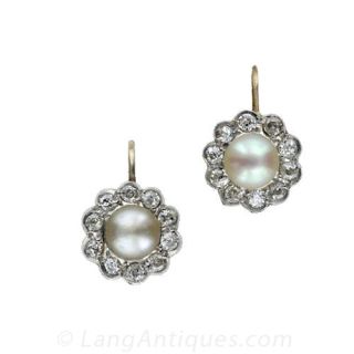 Antique Freshwater Pearl and Diamond Cluster Earrings
