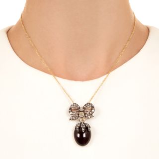 Antique Garnet Cabochon Drop Diamond Bow Brooch/Pendant, French