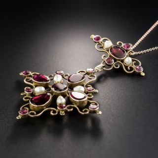 Antique Garnet Pearl Pendant Necklace