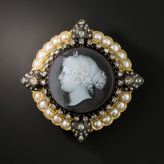 French Antique Hardstone Diamond Pearl Cameo Brooch - 2
