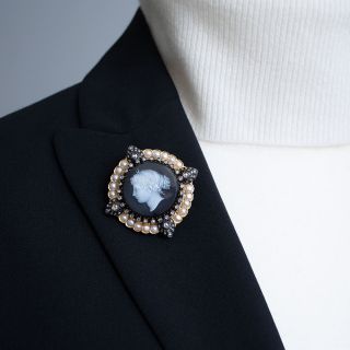 Antique Goddess Selene Diamond and Natural Pearl Cameo Brooch, French