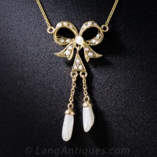 Antique Gold and Pearl Bow Pendant