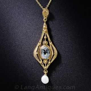Antique Gold, Aquamarine and Pearl Pendant