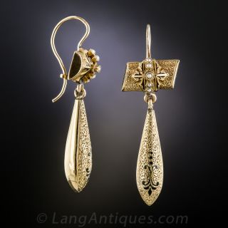 Antique Gold, Enamel and Pearl Drop Earrings