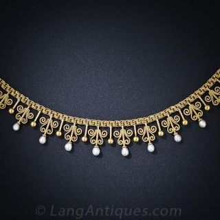 Antique Gold Fringe and Pearl Necklace