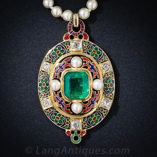 Antique Holbeinesque Emerald and Natural Pearl Necklace