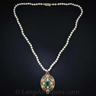 Antique Holbeinesque Emerald and Natural Pearl Necklace