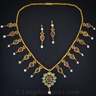 Antique Indian Moghul Tourmaline and Pearl Necklace and Earrings