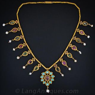 Antique Indian Moghul Tourmaline and Pearl Necklace and Earrings
