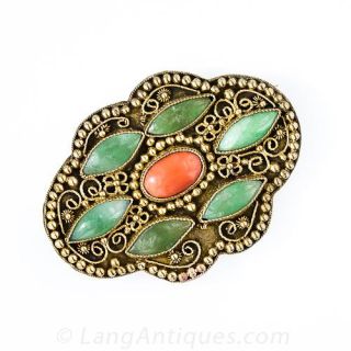 Antique Jade and Coral Brooch