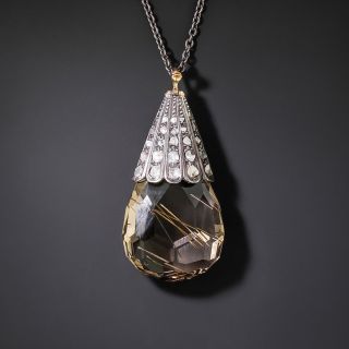 Antique  Large Smoky Quartz Briolette and Diamond Pendant - 1