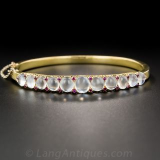 Antique Moonstone and Ruby Bangle Bracelet 18K 