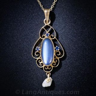 Antique Moonstone and Sapphire Pendant Necklace