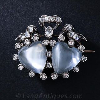 Antique Moonstone Double Heart Pin - 1