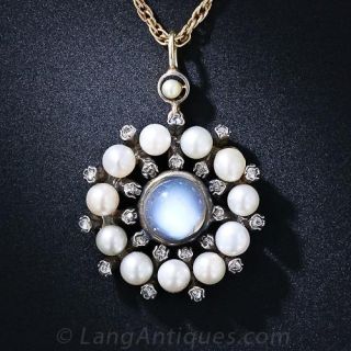 Antique Moonstone. Pearl and Diamond Pendant Necklace