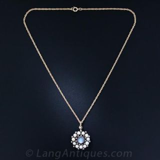 Antique Moonstone. Pearl and Diamond Pendant Necklace