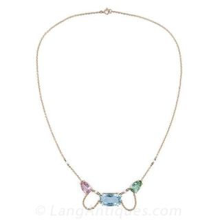 Antique Multi-Color Aquamarine and Tourmaline Necklace