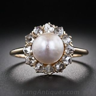 Antique Natural Bouton Pearl and Diamond Ring
