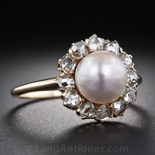 Antique Natural Bouton Pearl and Diamond Ring