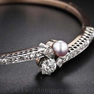 Antique Natural Pearl and Diamond Bangle Bracelet