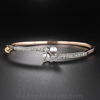 Antique Natural Pearl and Diamond Bangle Bracelet