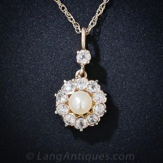 Antique Natural Pearl and Diamond Cluster Necklace