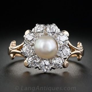 Antique Natural Pearl and Diamond Cluster Ring