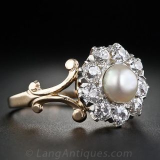 Antique Natural Pearl and Diamond Cluster Ring