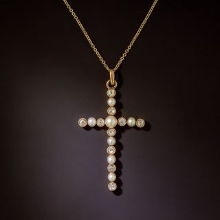 Antique Natural Pearl and Diamond Cross Pendant - 1