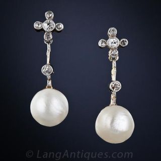 Antique Natural Pearl and Diamond Earrings