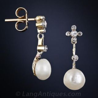 Antique Natural Pearl and Diamond Earrings