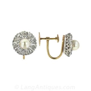 Antique Natural Pearl and Diamond Earrings