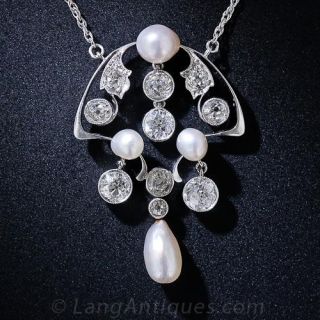 Antique Natural Pearl and Diamond Necklace - 1