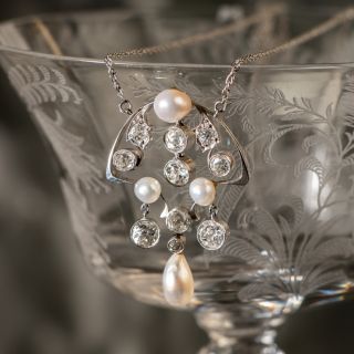 Antique Natural Pearl and Diamond Necklace