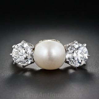 Antique Natural Pearl and Diamond Three-Stone Ring - 1