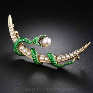 Antique Natural Pearl and Enamel Snake and Cresent Pin