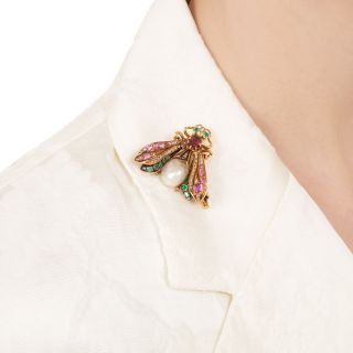 Antique Natural Pearl, Diamond and Gemstone  Fly Brooch
