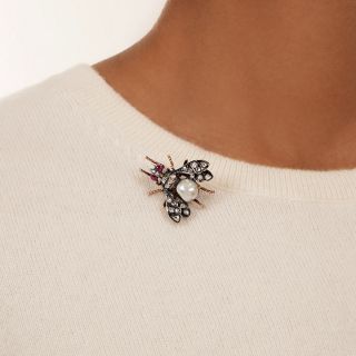 Antique Natural Pearl, Diamond and Ruby Bee Brooch 