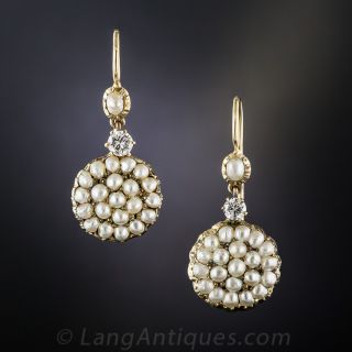 Antique Natural Pearl and Diamond Drop Earrings