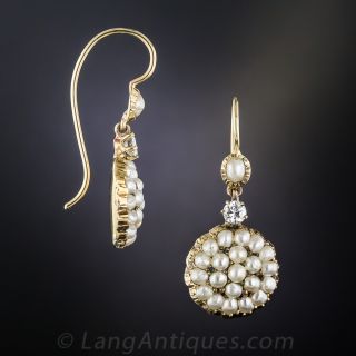 Antique Natural Pearl and Diamond Drop Earrings